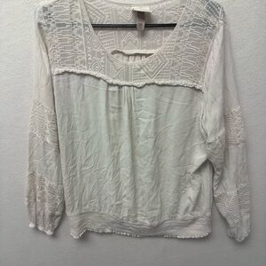 Knox Rose Lace Embroidered Aztec Print Top Size XL White Blouse Long Sleeve